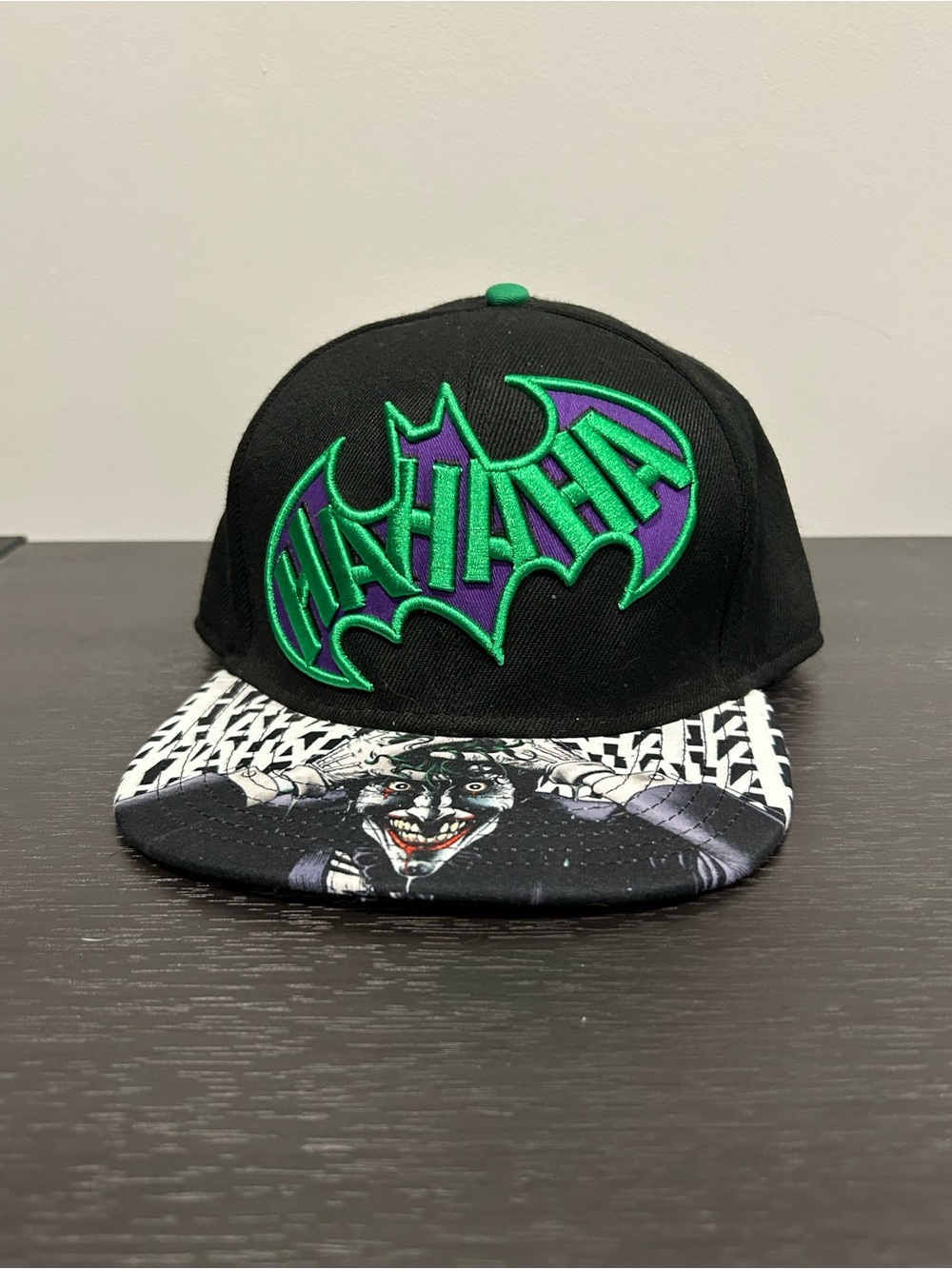 Men’s Black Snapback Joker Hat with Green & Purple 'HA HA HA' Graphic DC comics